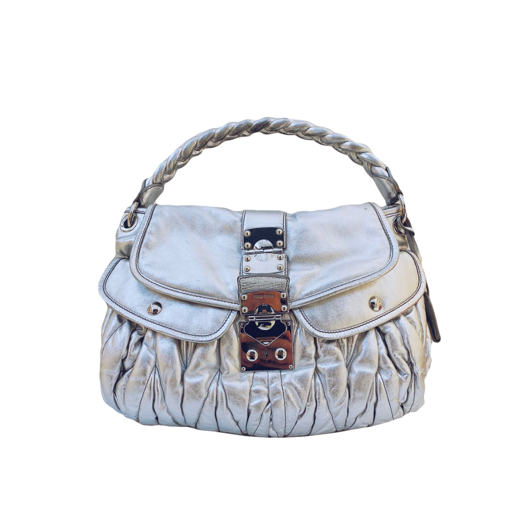 MIU MIU - SILVER MATELASSE LEATHER COFFER HOBO BAG