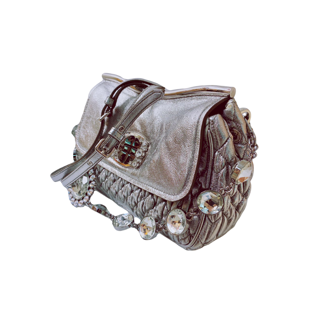 MIU MIU - CRYSTAL EMBELLISHED SILVER LEATHER BAG