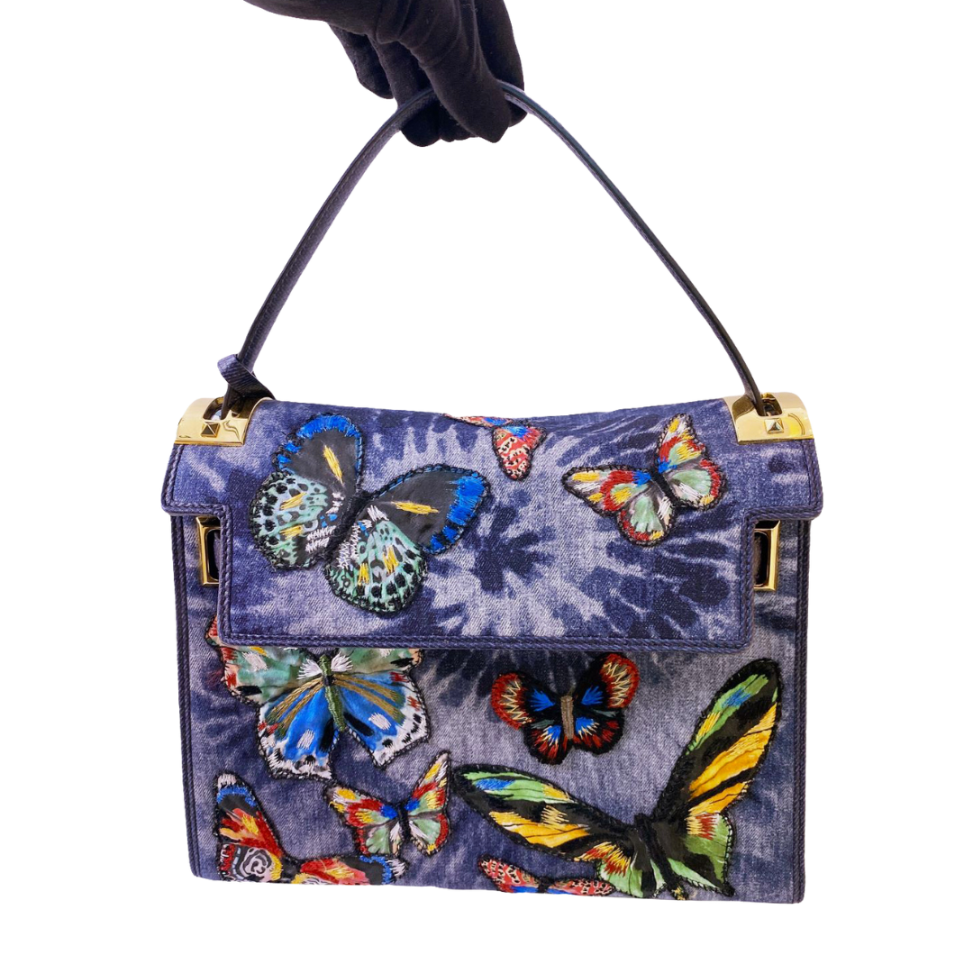 VALENTINO - DENIM BUTTERFLY EMBROIDERY MYROCKSTUD BAG BL-L977DTA2