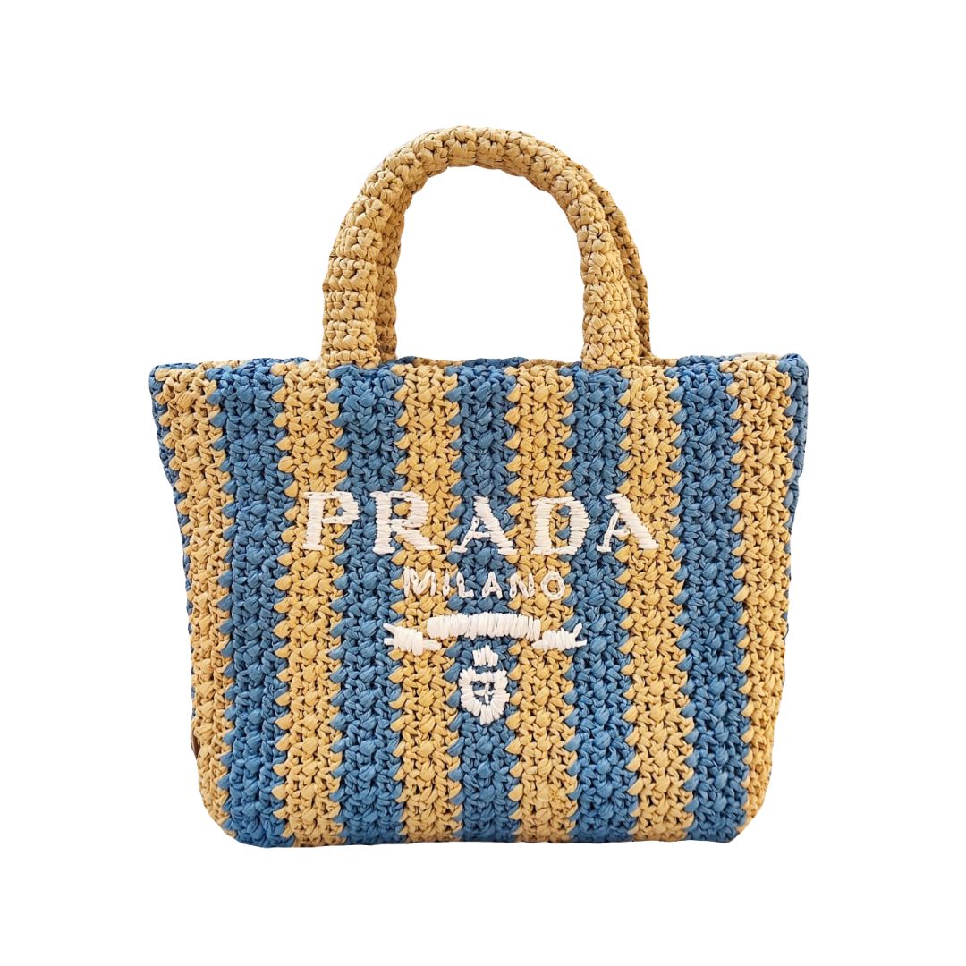 Prada - Tan/Light Blue Small Raffia Tote Bag