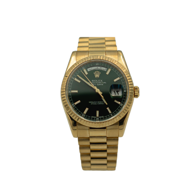 Rolex 118238 Day-Date 36mm yellow gold green Arabic dial