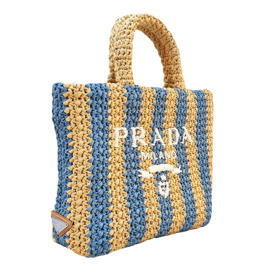 Prada - Tan/Light Blue Small Raffia Tote Bag