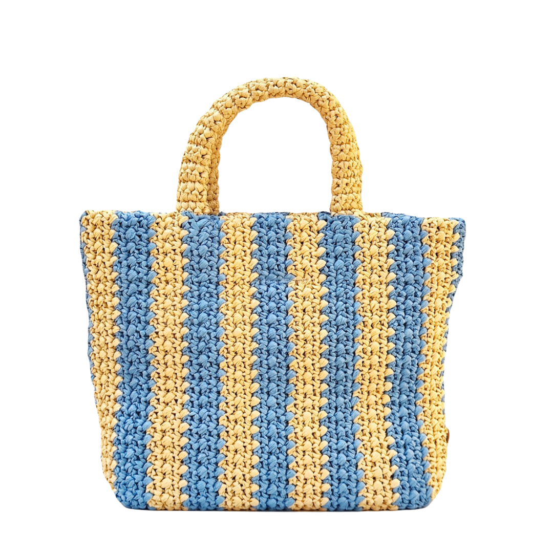 Prada - Tan/Light Blue Small Raffia Tote Bag