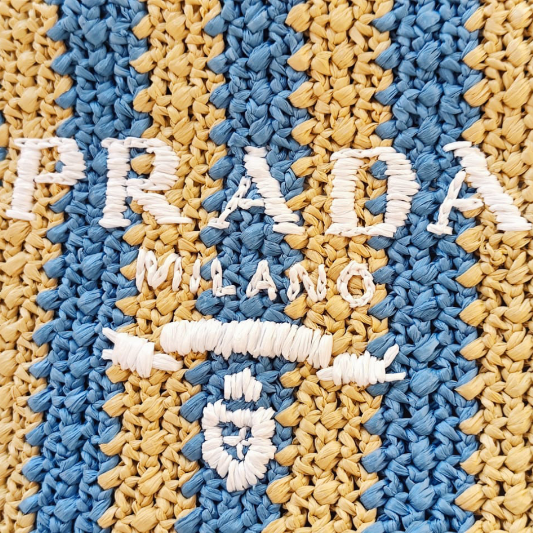 Prada - Tan/Light Blue Small Raffia Tote Bag