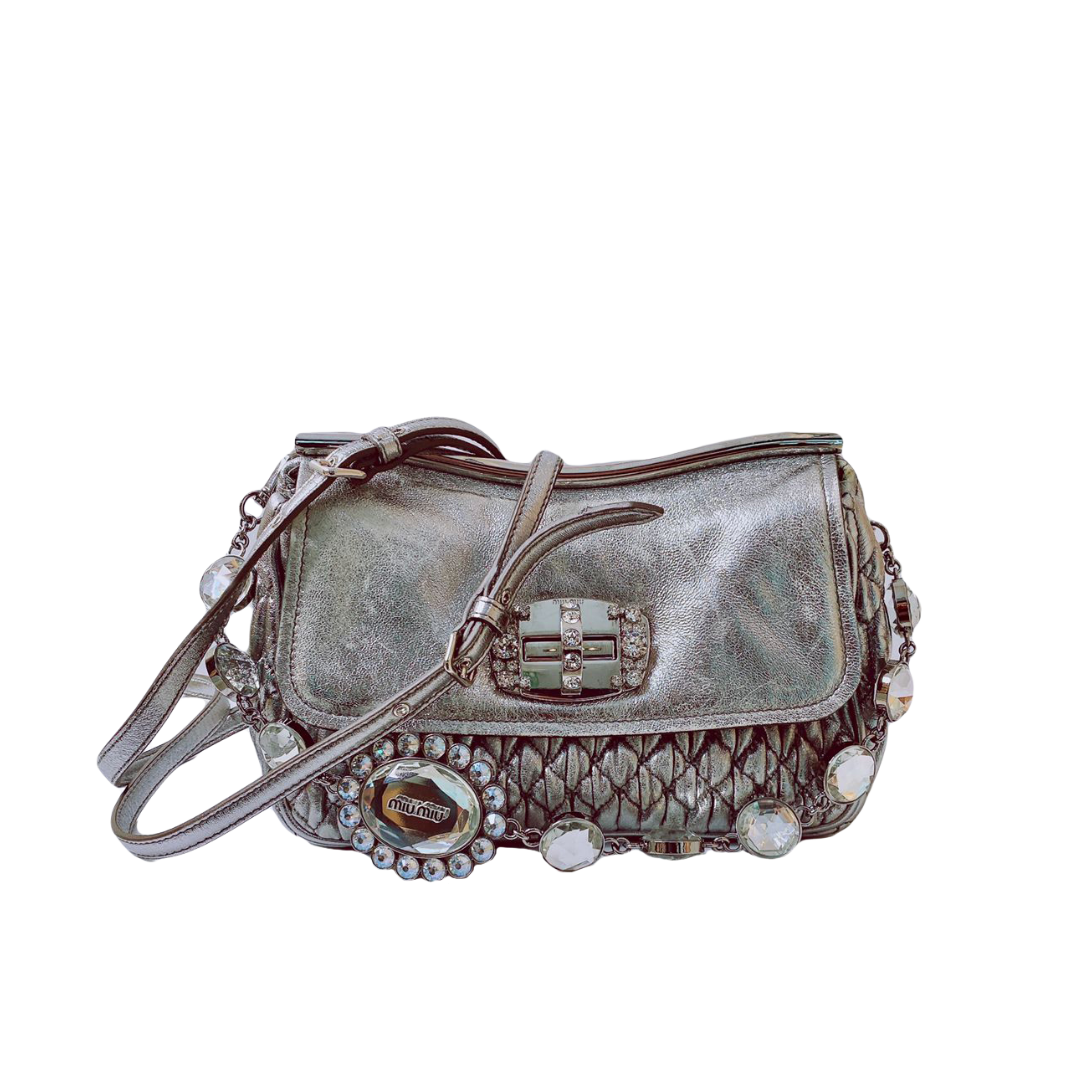 MIU MIU - CRYSTAL EMBELLISHED SILVER LEATHER BAG